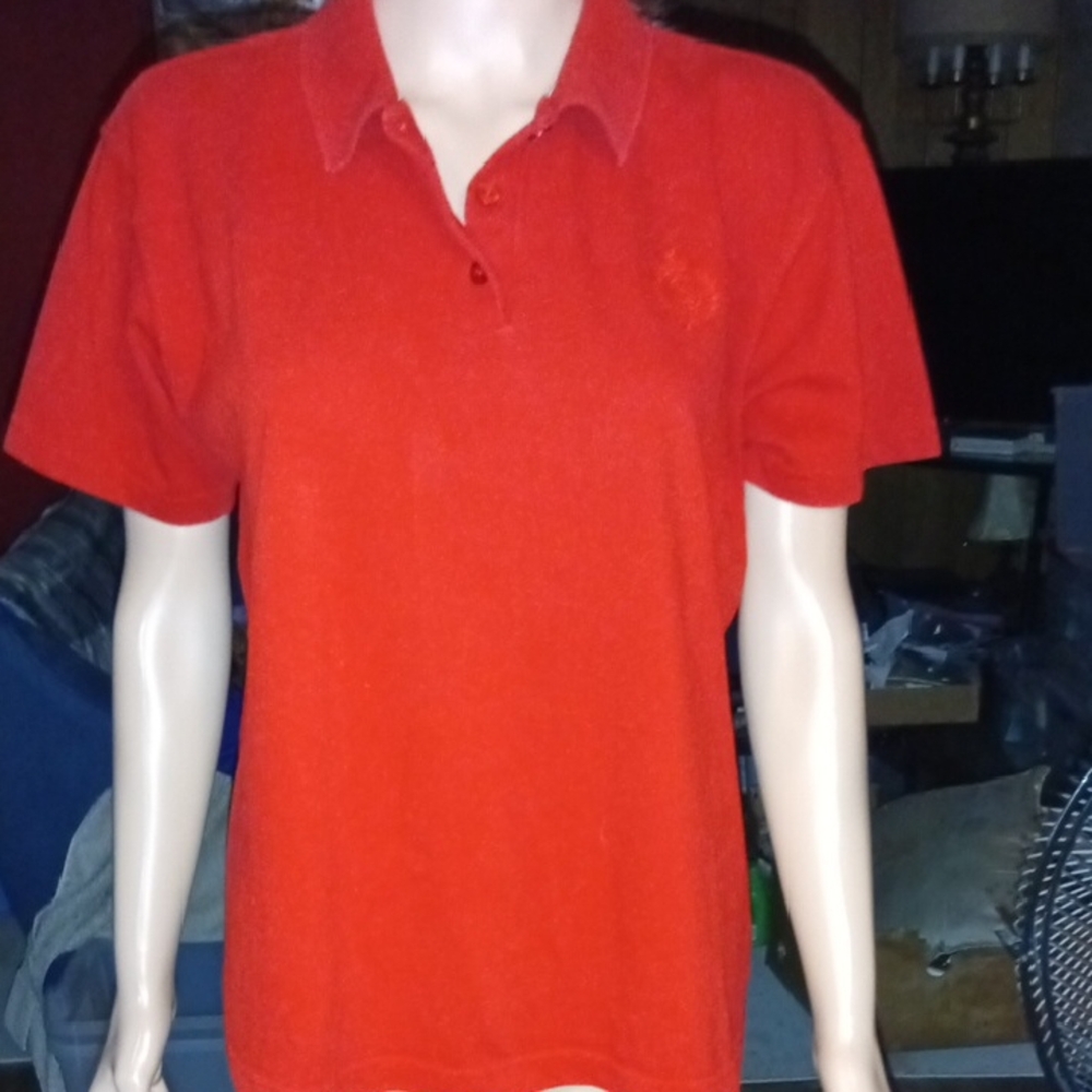 Embroidered Patch Red Polo Shirt (S) Collar. Liz Sport